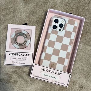 Velvet Caviar Checkered iPhone 16 ProMax Case & MagSafe Grip - Cream and Brown